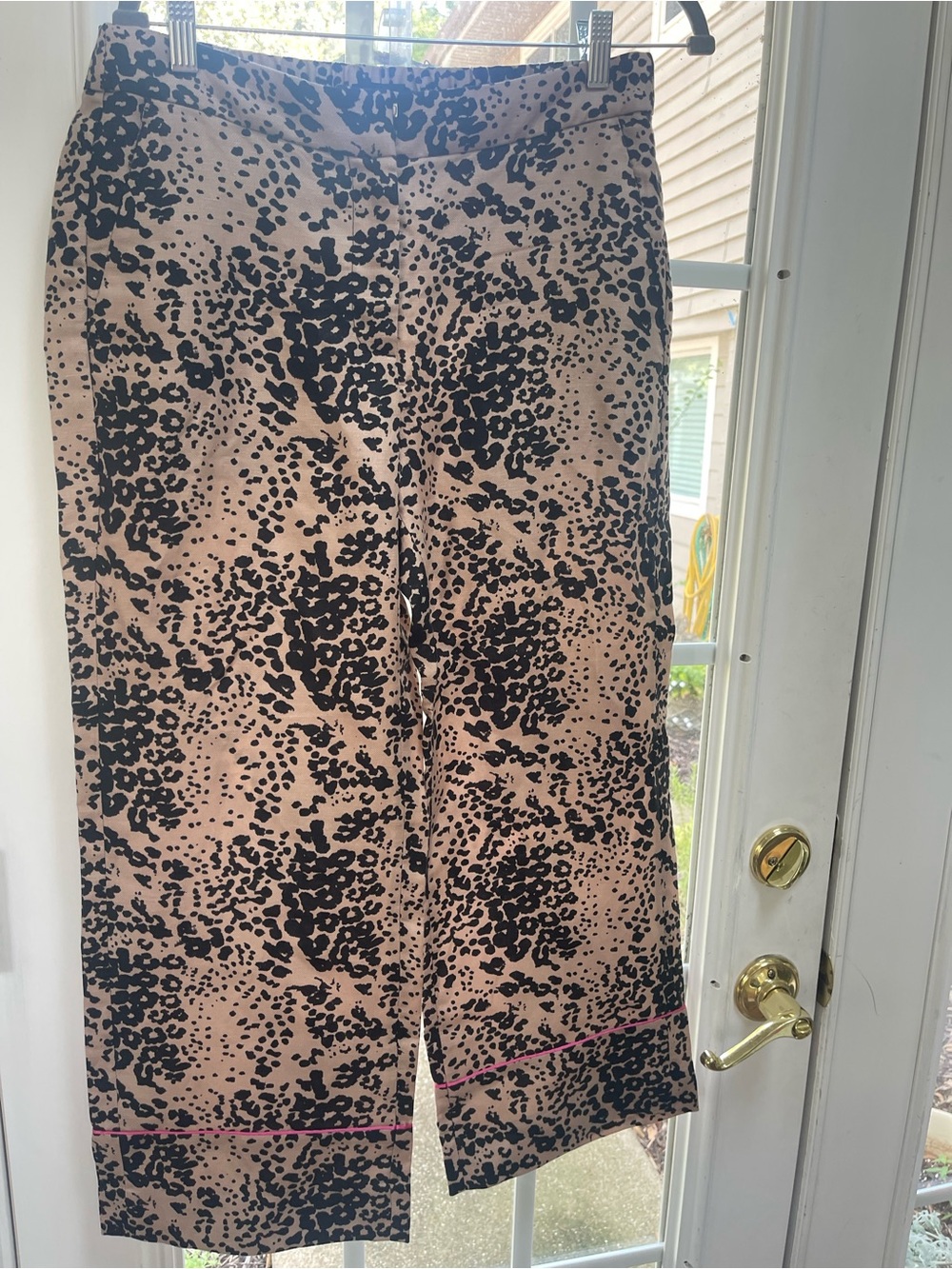J. Crew Tan and Black Animal Print Wide-Leg Cropped Pants with Pink Hem